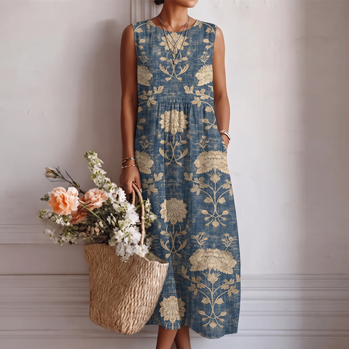 Abito midi donna smanicato con motivo floreale classico, ideale per un abbigliamento estivo elegante casual.