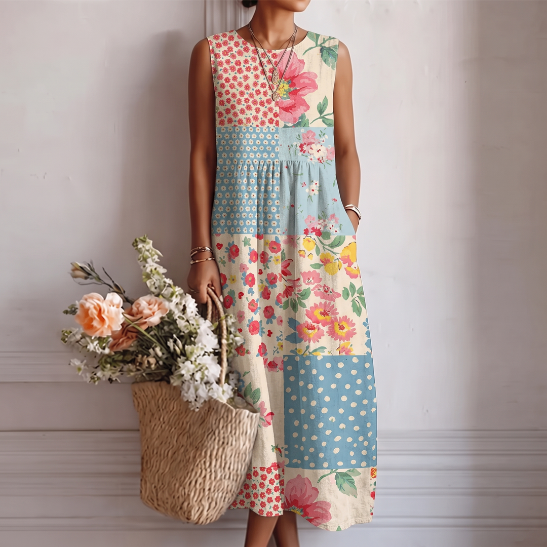 Abito midi donna floreale patchwork senza maniche, perfetto per la primavera estate, stile vibrante e casual.