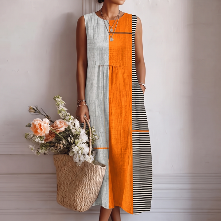 Abito midi donna color block con pannello a righe in cotone viscosa, fresco ed elegante per l'estate.