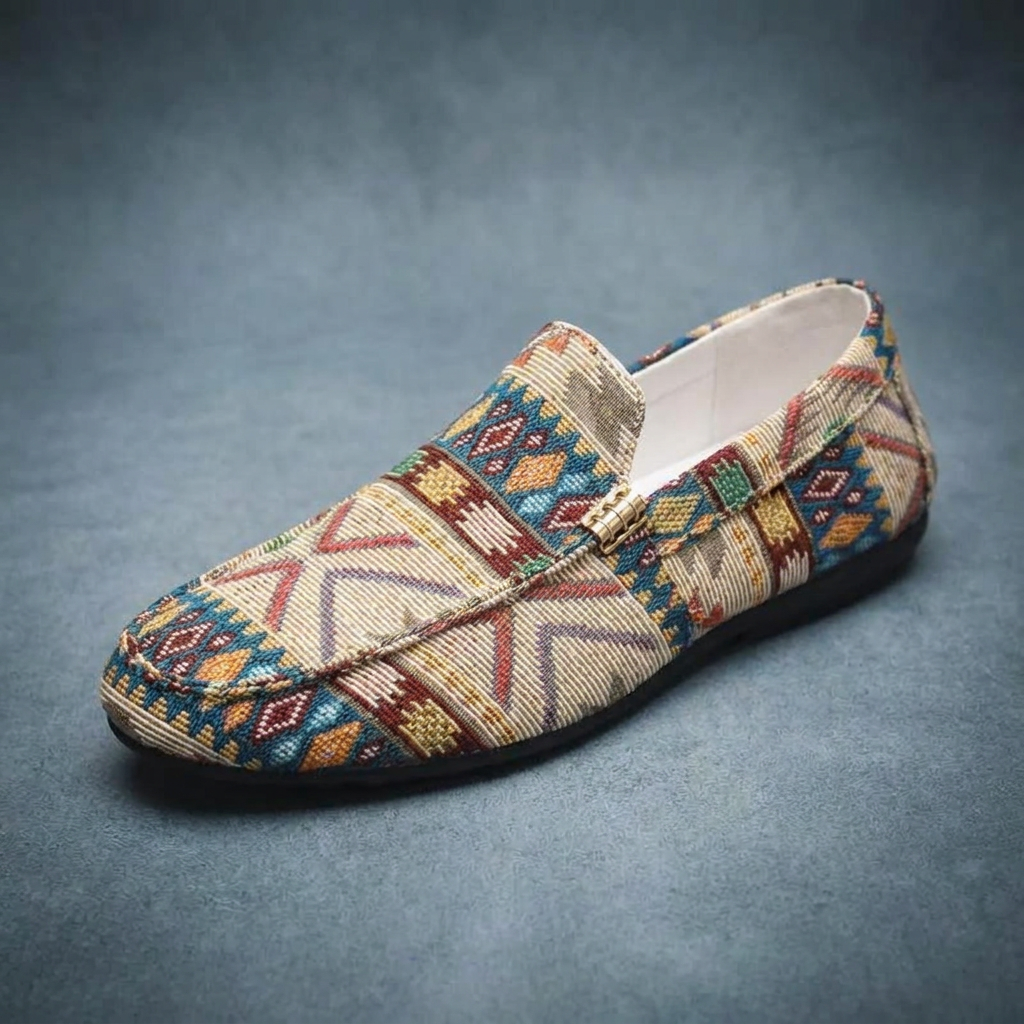 Mocassini uomo comodi in tessuto beige con motivo etnico. Scarpe leggere ideali per passeggio e comfort quotidiano.