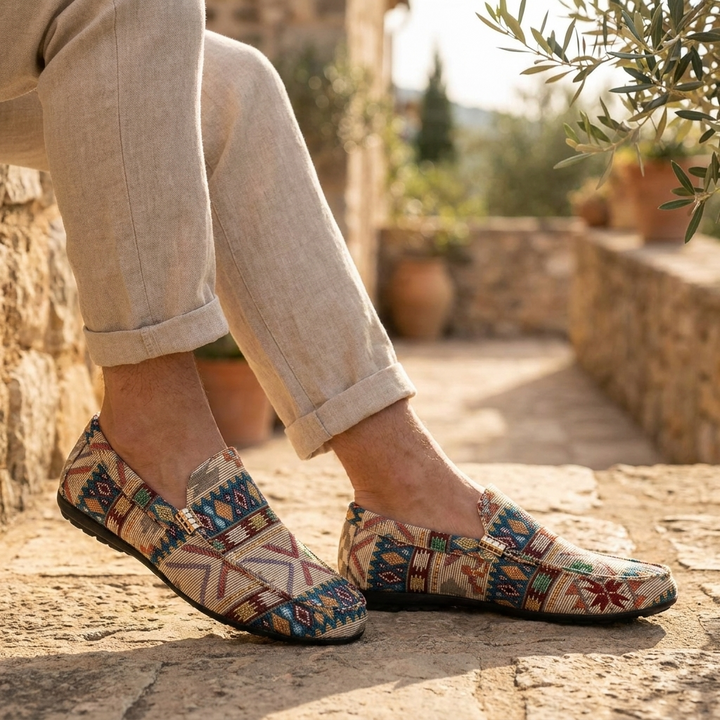 Profilo mocassini uomo slip-on beige in tessuto etnico. Scarpe leggere per un look casual e comodo.