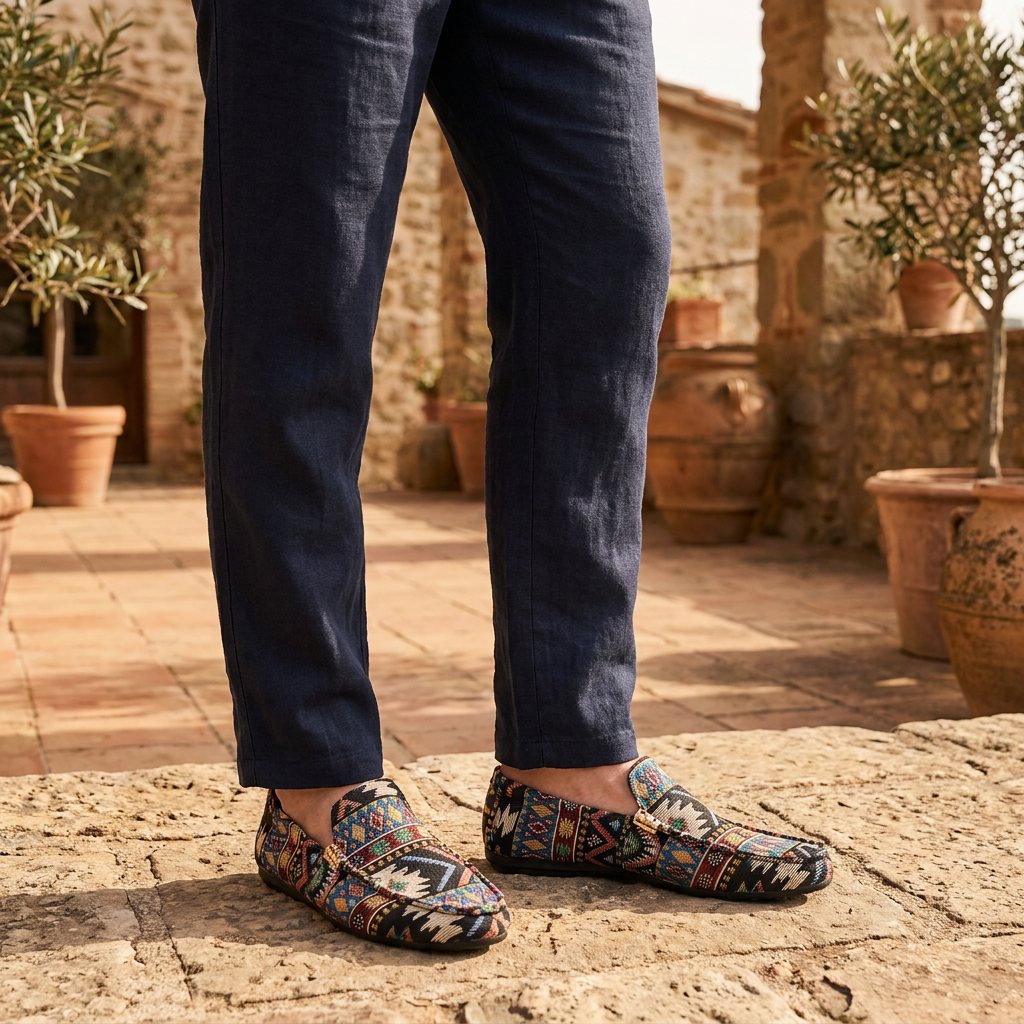 Vista dall'alto di mocassini uomo in tessuto etnico beige e nero. Scarpe casual e confortevoli per la bella stagione.