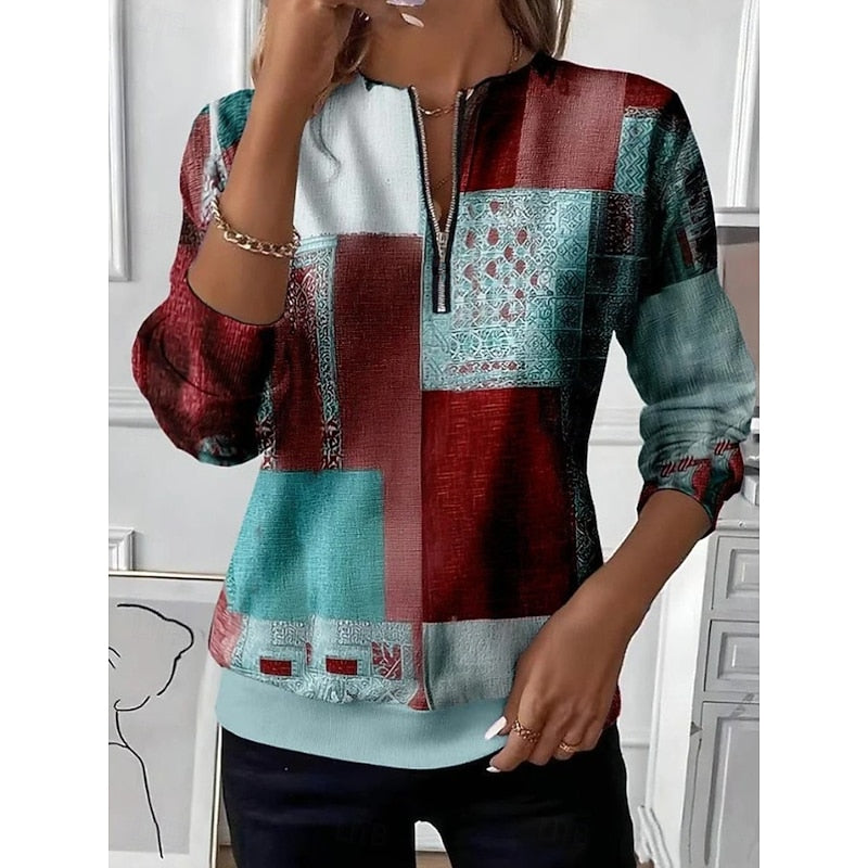 Top donna felpa color block in moda casual con mezza zip. Tonalità di tendenza: kaki, marrone, verde chiaro. Comfort e stile.