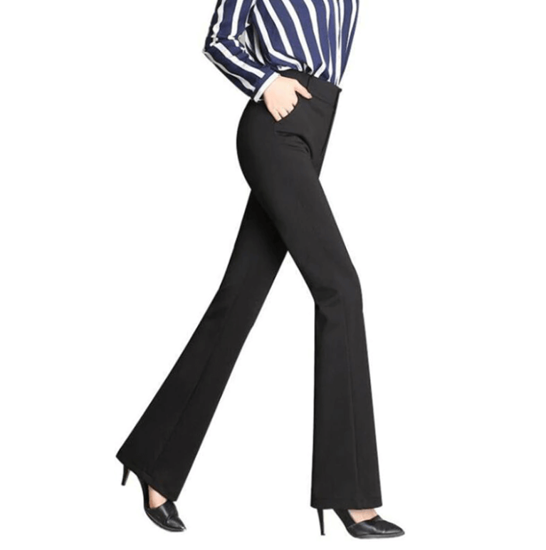 Pantaloni blu scuro donna eleganti vita alta, taglio ad A sartoriale, perfetti per lo stile ufficio.