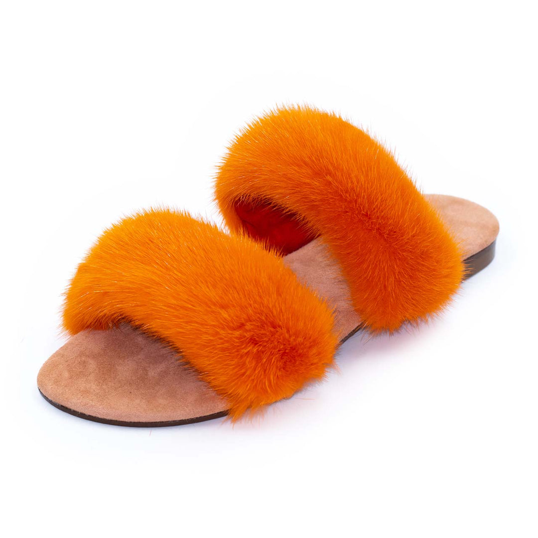 Pantofole donna morbide arancioni in visone doppia fascia, comfort e relax per la tua casa.