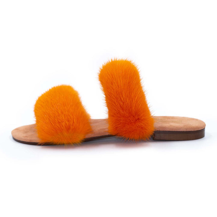 Eleganti pantofole donna arancioni in visone con doppia fascia, calzature lussuose per l'inverno.