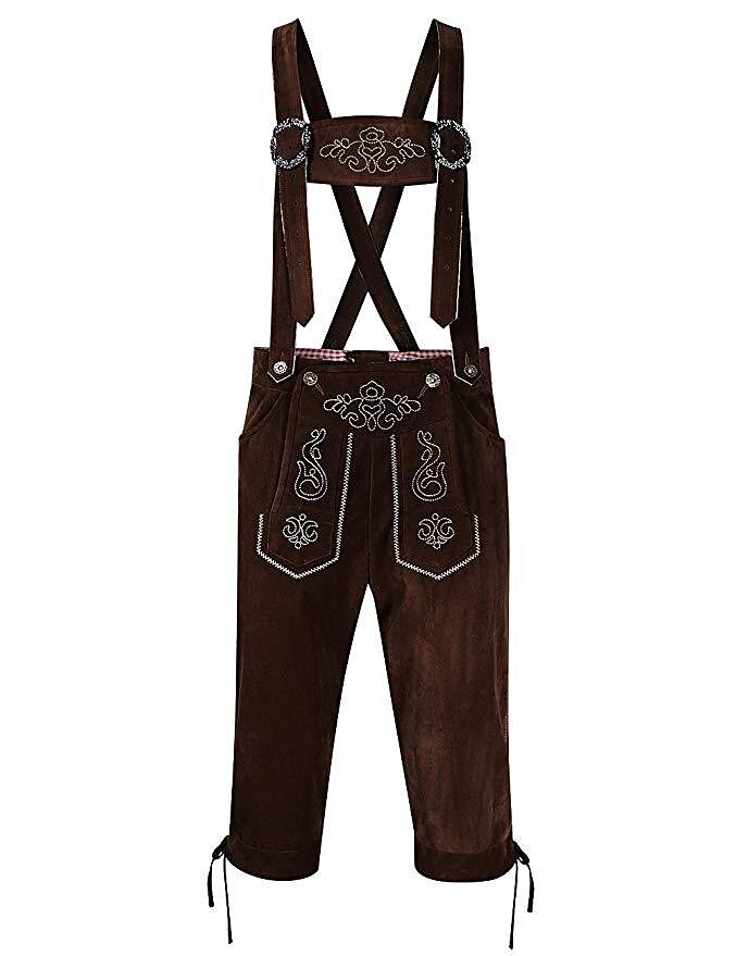 Dettaglio Lederhosen uomo in pelle con ricami artigianali e bretelle, per un look autentico Oktoberfest.