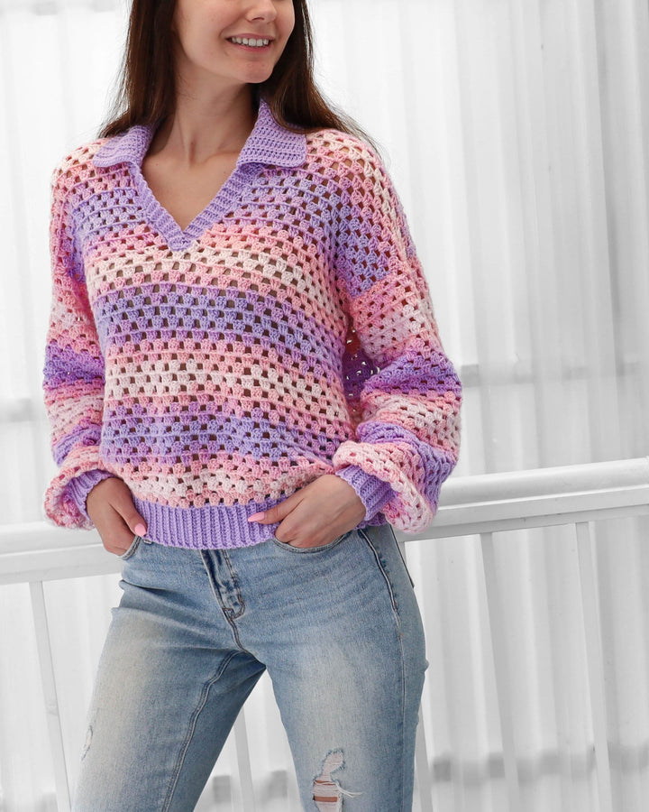 Maglione donna oversize all'uncinetto, modello polo comodo e traspirante con maniche lunghe per moda casual.