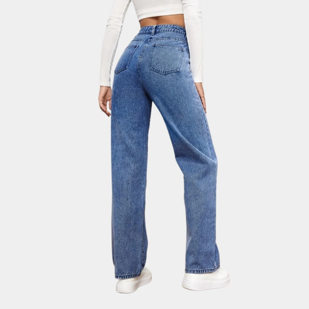 Jeans dritti larghi a vita alta da donna, perfetti per un look casual e alla moda.