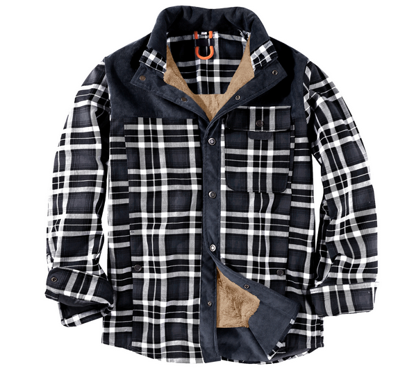 Uomo indossa giacca boscaiolo calda, robusta, multitasche per attività all'aperto. Stile casual invernale.