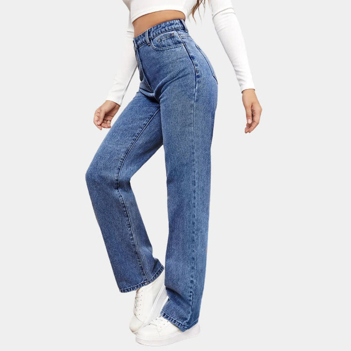 Pantaloni jeans dritti larghi a vita alta da donna, stile versatile per ogni outfit.