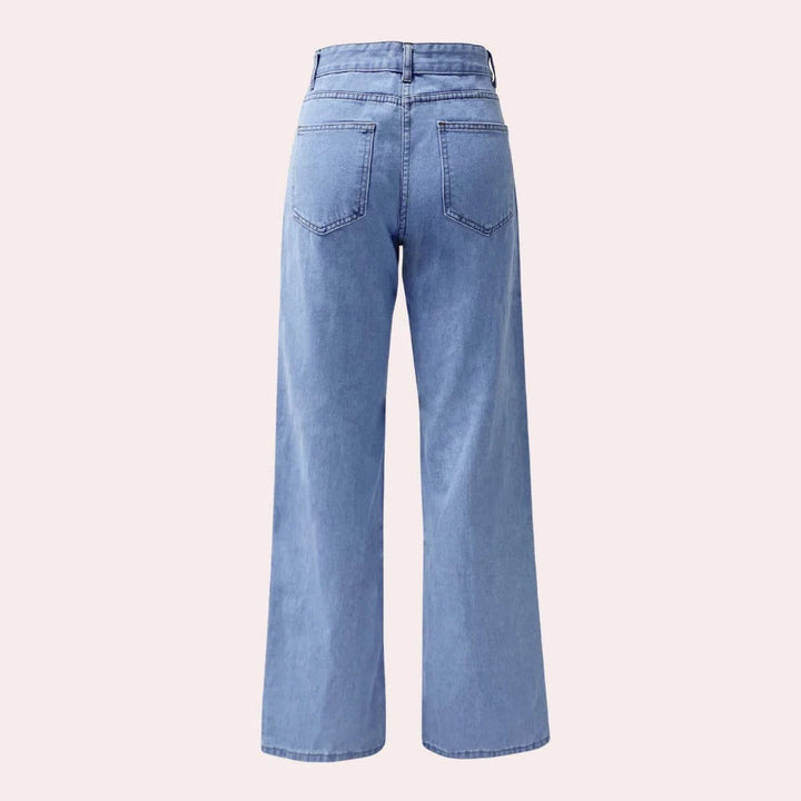 Jeans larghi donna a vita alta, gamba dritta, in denim blu scuro, ideali per la moda casual.