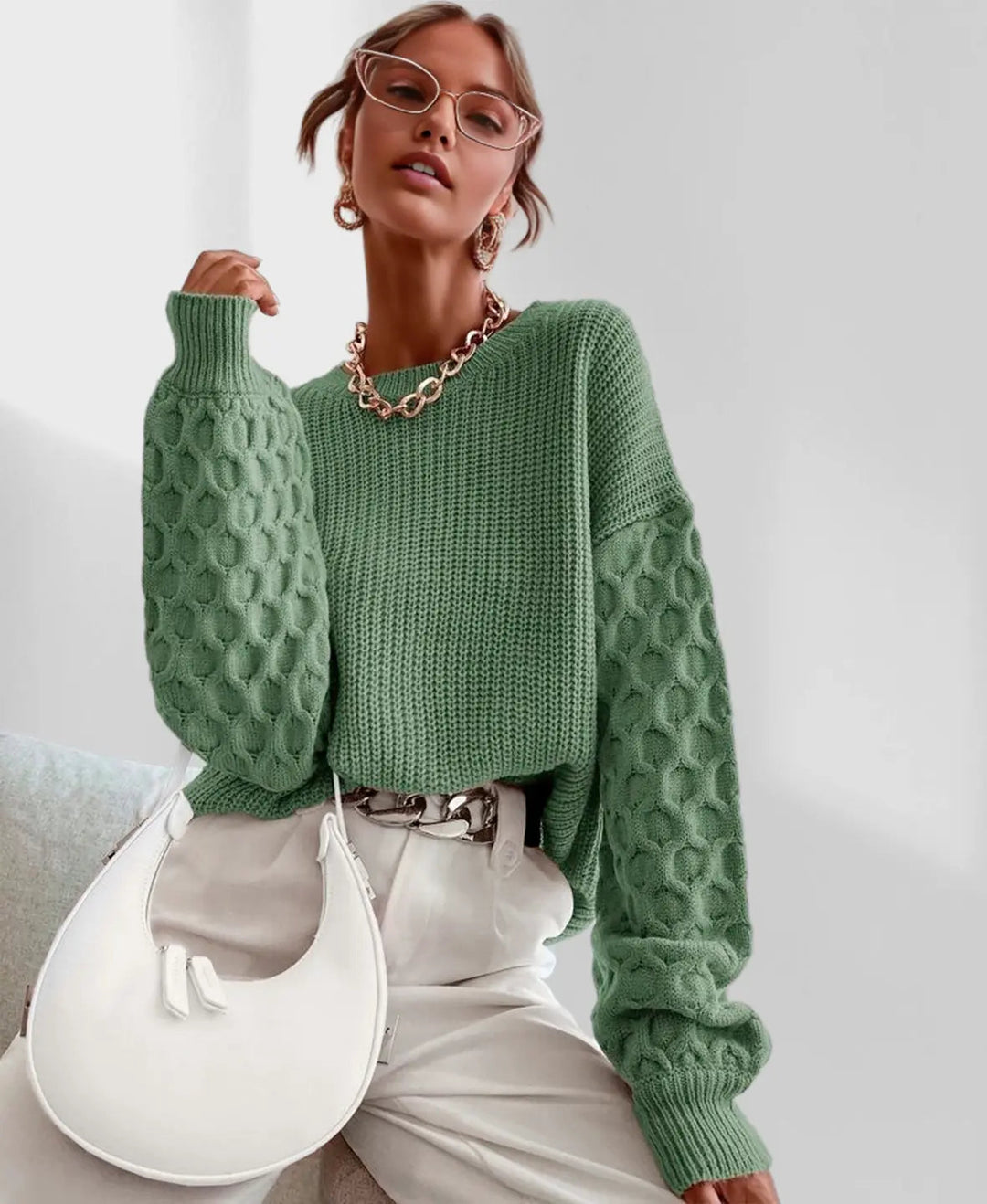Maglione donna invernale completo, maniche a palloncino, abbigliamento caldo e comodo taglia unica.