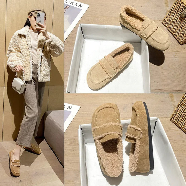 Scarpe mocassini da donna casual, ideali per l'inverno. Design confortevole in stile beige.