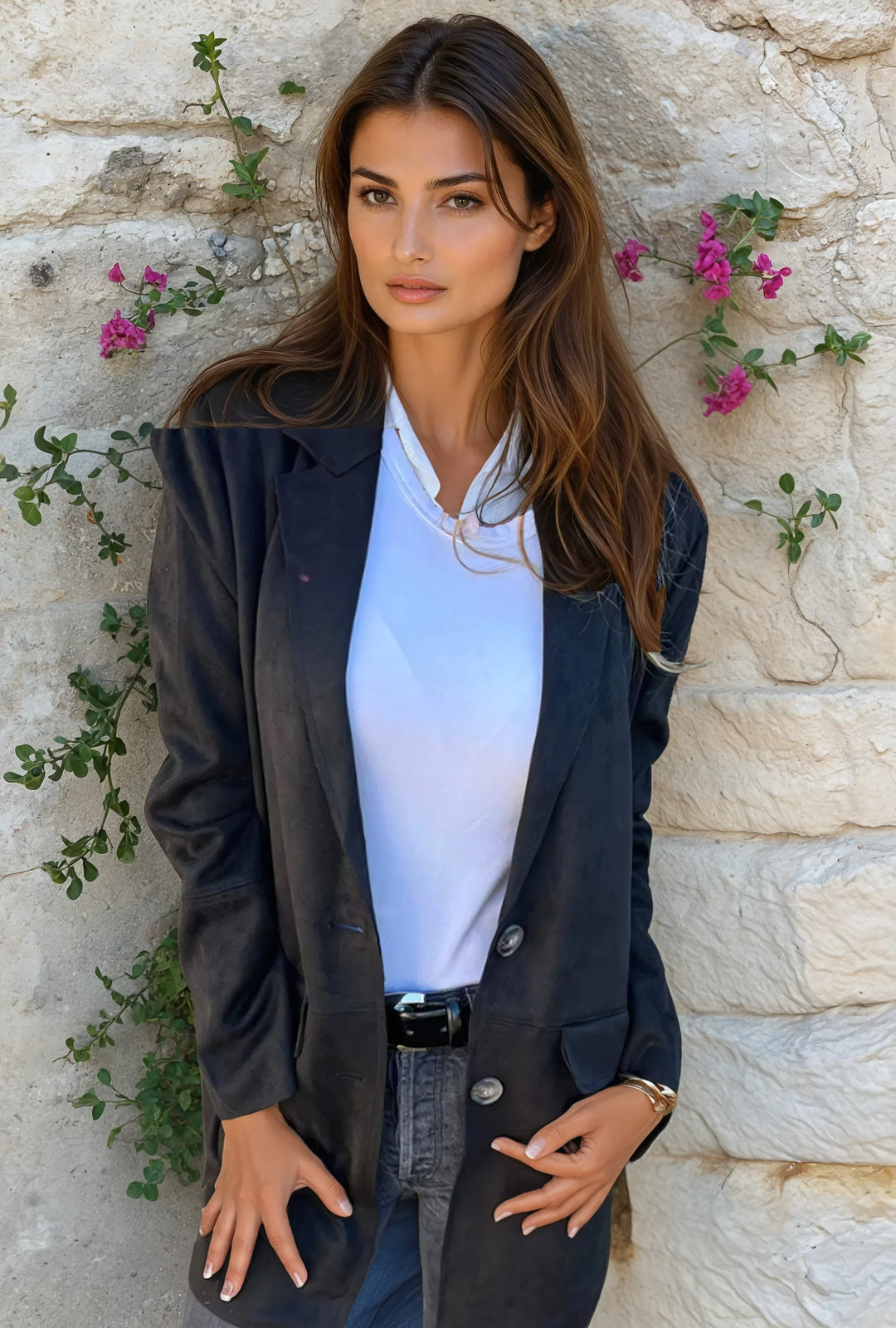 Elegante trench coat donna con chiusura a bottoni, un cappotto chic per la moda autunnale.