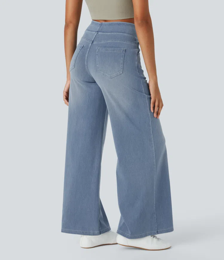 Eleganti jeans donna vita alta con gamba larga. Stile moderno, ideale per abbigliamento casual e tendenze moda.