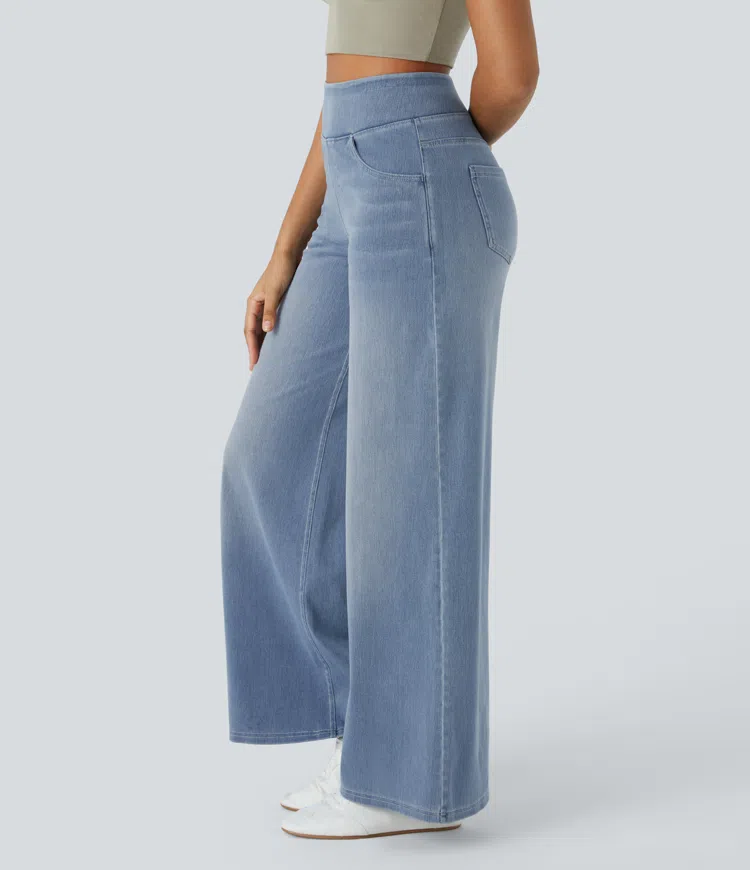 Comodi jeans donna vita alta, gamba larga. Tasche funzionali, ideali per un look casual quotidiano e alla moda.