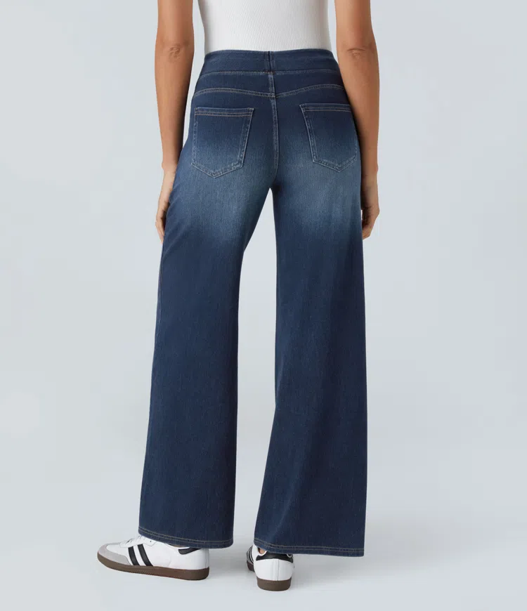 Jeans grigi donna a vita alta, gamba larga. Stile moderno, tasche funzionali. Perfetti per le tendenze moda.