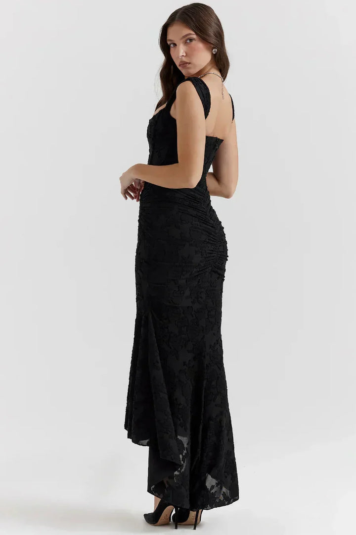 Vestito lungo da gala per donna, elegante, corpetto a corsetto e spalle scoperte, stile moderno e chic.