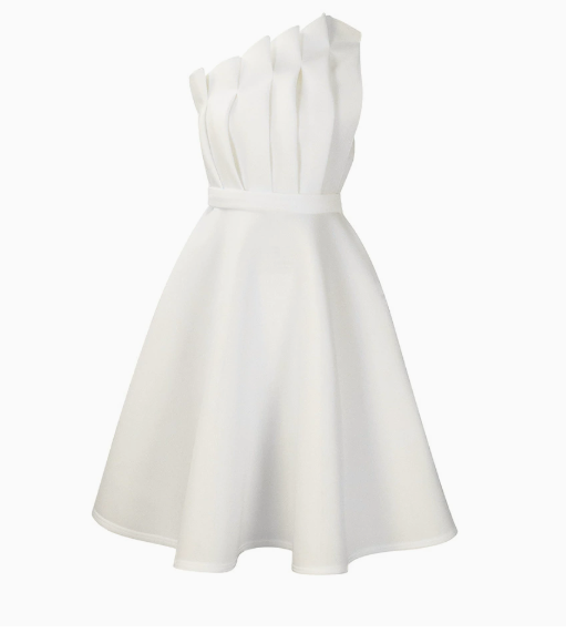 Vestito midi a trapezio monospalla blu navy, elegante per cerimonie, esalta la figura femminile.