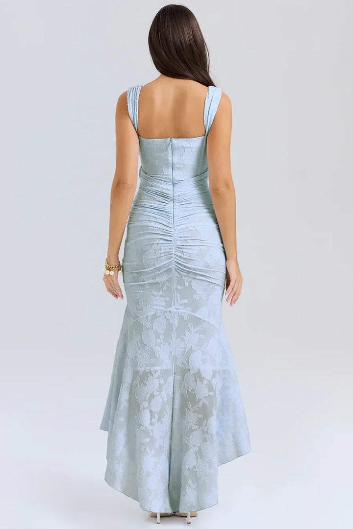 Vestito lungo formale donna, ideale per matrimonio o gala, con corpetto a corsetto e seducenti spalle scoperte.