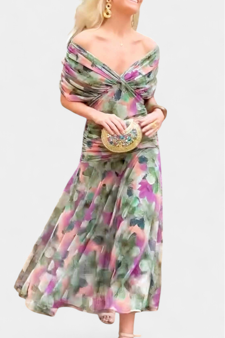 Abito lungo donna elegante, schiena scoperta, corpetto drappeggiato senza spalline. Perfetto per party.