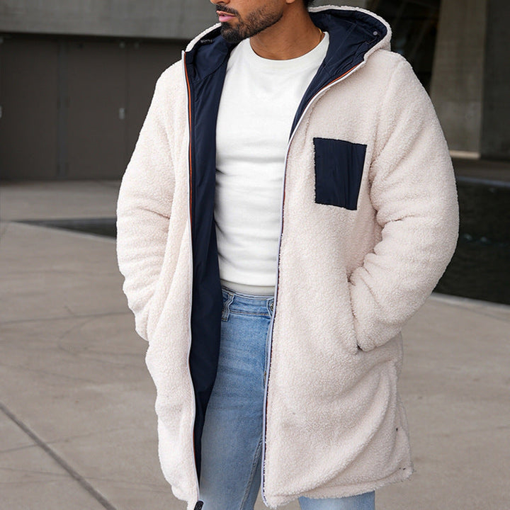 Giacca uomo bicolore versatile con calda fodera in pile, ideale per autunno/inverno e stile casual quotidiano.
