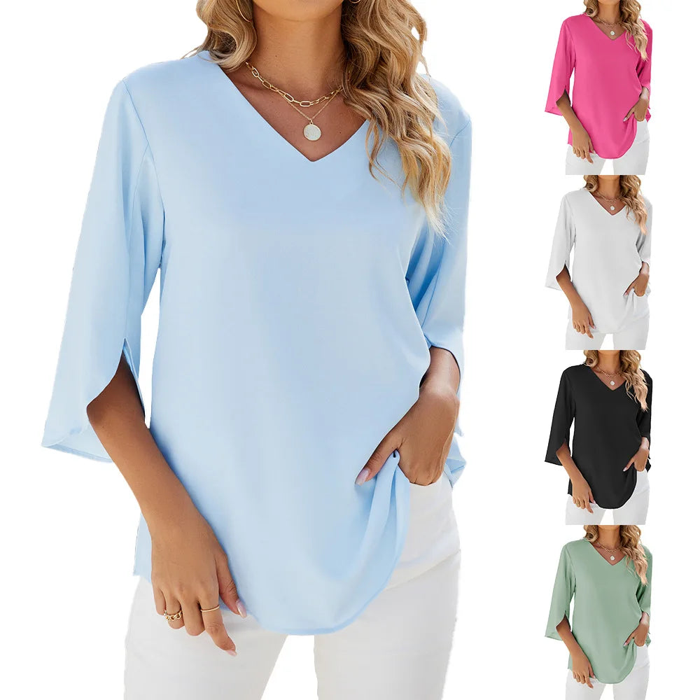 Camicetta donna elegante con scollo a V, ideale per look sofisticati da ufficio o serate.