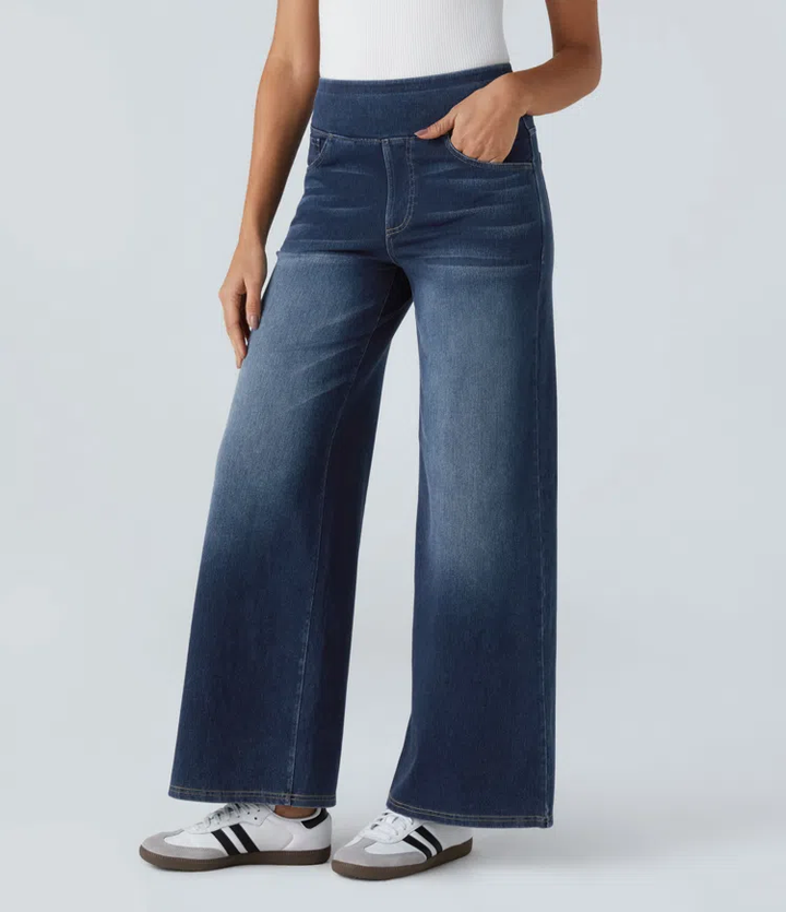 Pantaloni jeans donna vita alta, gamba larga. Abbigliamento comodo e alla moda con tasche funzionali.