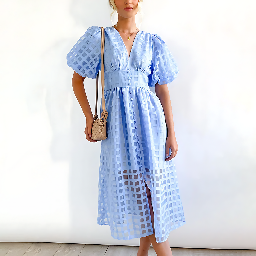 Vestito midi donna a fantasia geometrica, elegante e versatile per moda femminile, ideale per outfit speciali.