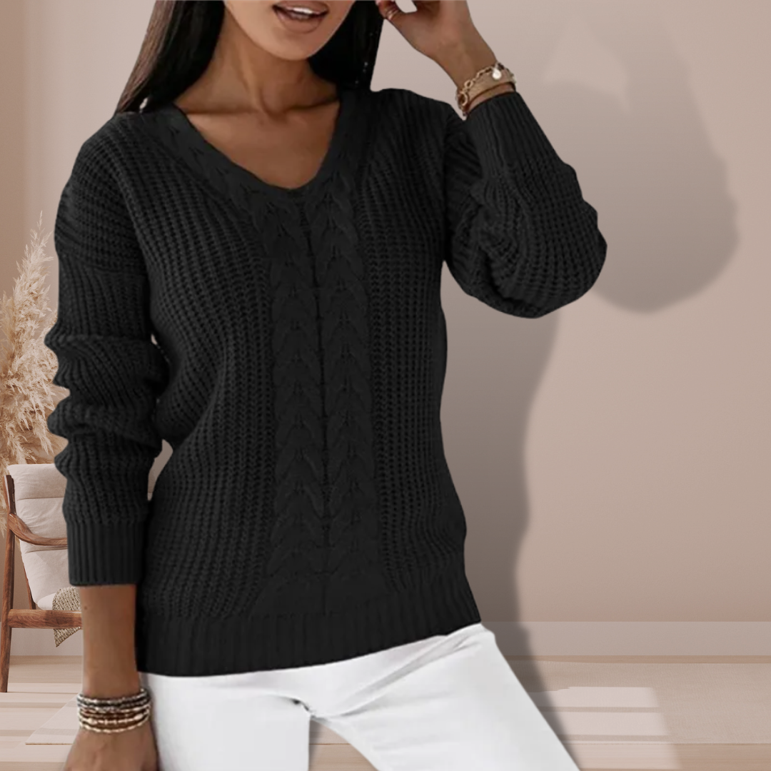 Maglione donna a trecce con maniche lunghe e scollo a V, perfetto per l'abbigliamento invernale.