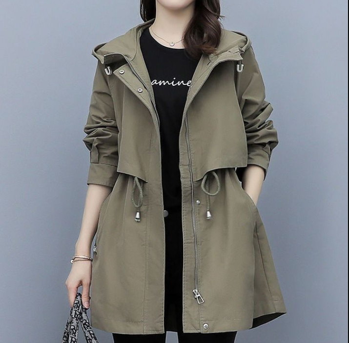 Trench impermeabile lungo da donna con cappuccio, elegante e versatile per autunno/primavera.