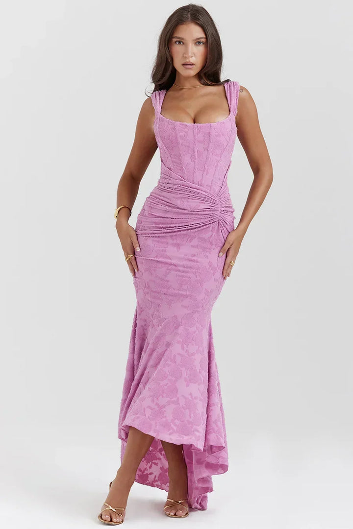 Abito lungo donna, corpetto a corsetto, spalle scoperte, ideale come vestito formale per matrimonio o gala.