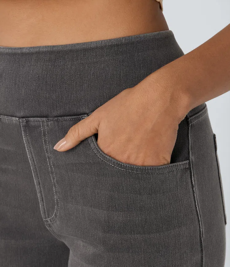 Jeans grigi donna vita alta, gamba larga. Pantaloni moderni e comodi con tasche funzionali per moda donna.