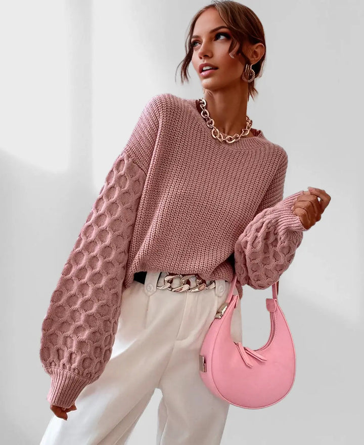 Maglione invernale versatile per donna, maniche a palloncino, per look casual o eleganti. Abbigliamento caldo.