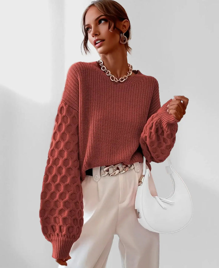 Maglione invernale donna caldo e stiloso con maniche a palloncino, ideale per un look moda casual.