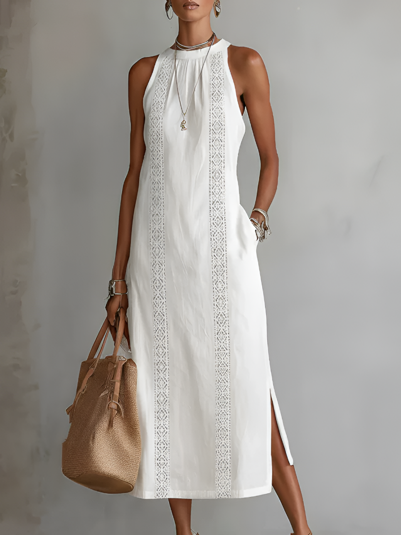 Vestito lungo da donna in pizzo, stile romantico ed elegante. Ideale per cerimonie o una serata chic estiva.