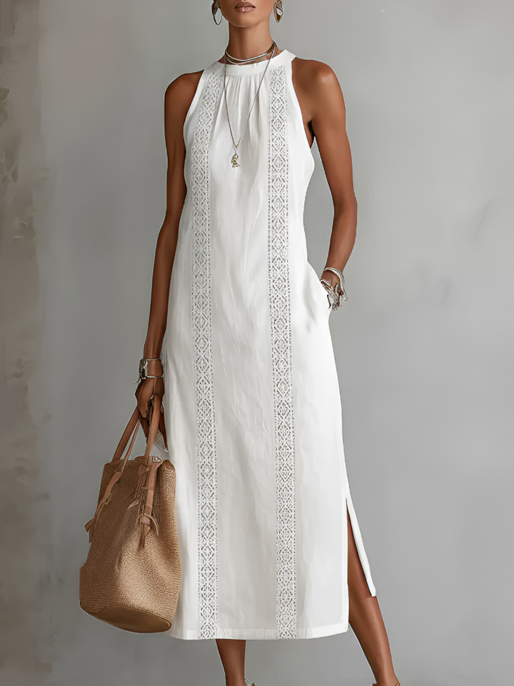 Vestito lungo da donna in pizzo, stile romantico ed elegante. Ideale per cerimonie o una serata chic estiva.
