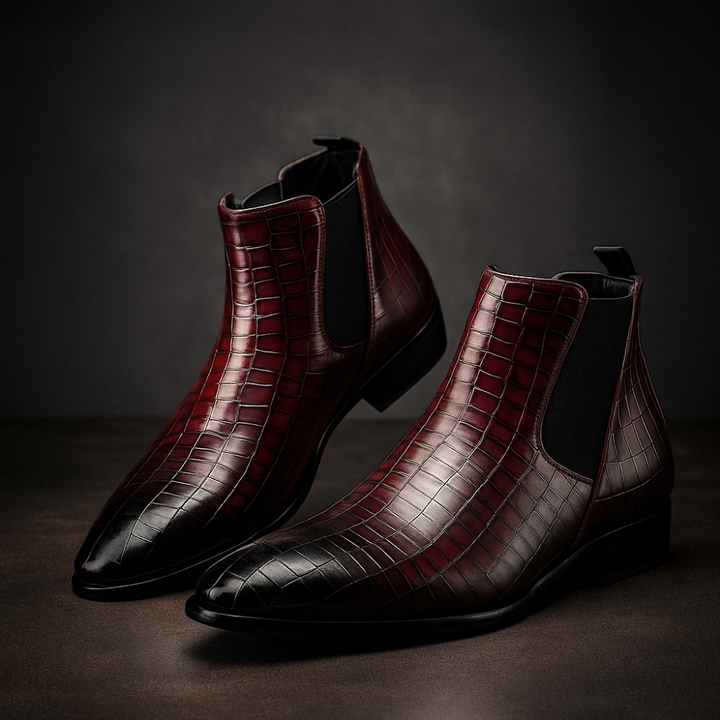 Calzature uomo: stivaletti alla caviglia slip-on con fantasia pelle di serpente, moda autunno/inverno.