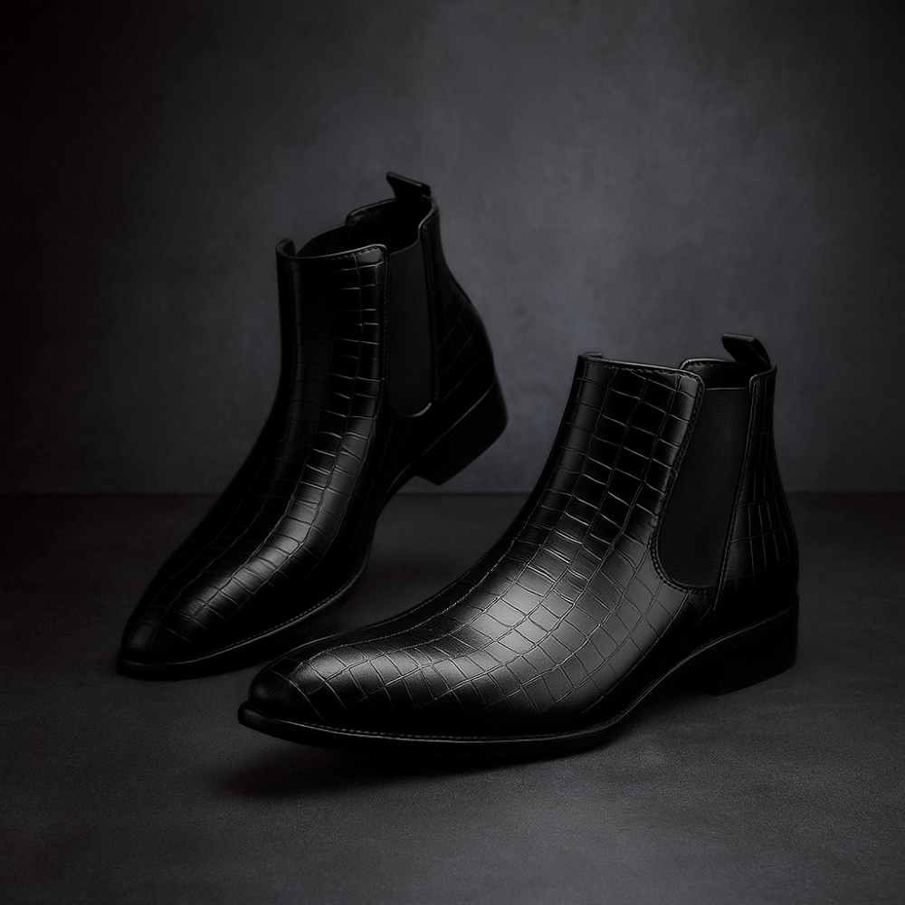 Scarpe uomo: stivaletti Chelsea casual ed eleganti effetto pelle di serpente, facili da indossare.