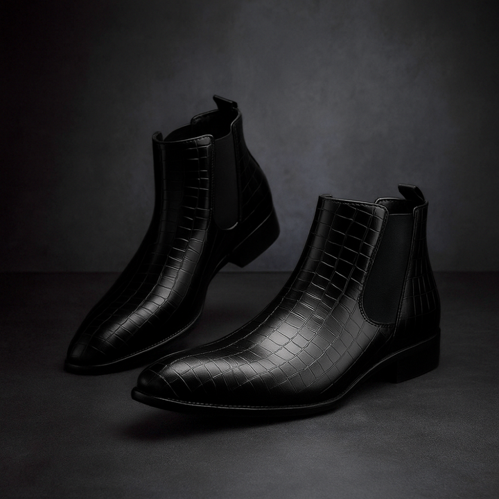 Scarpe uomo: stivaletti Chelsea casual ed eleganti effetto pelle di serpente, facili da indossare.