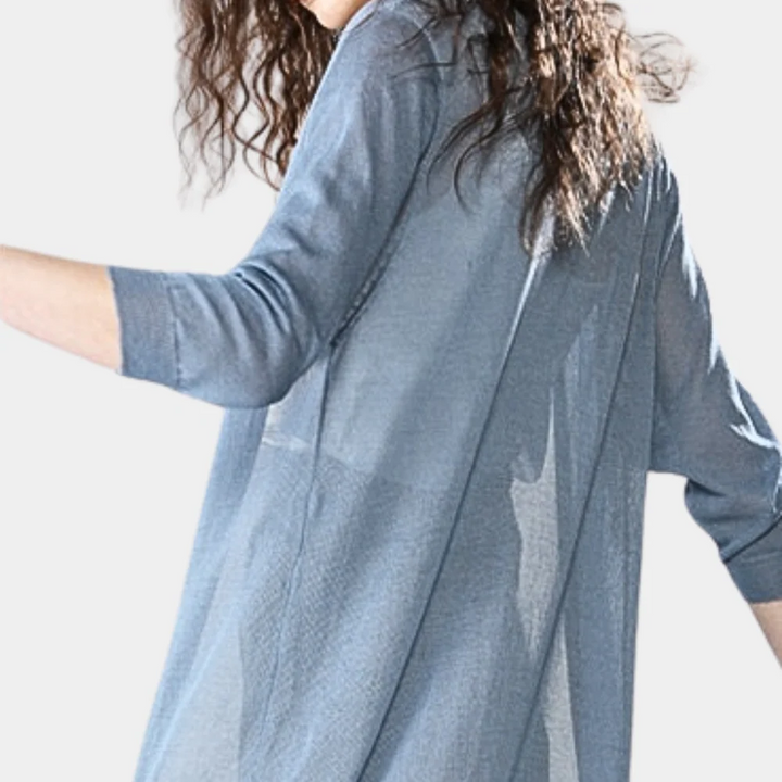 Cardigan fresco e leggero da donna, maniche 3/4. Kimono aperto per il comfort quotidiano primaverile ed estivo.