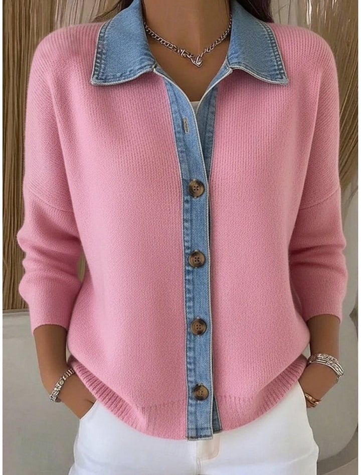 Cardigan donna elegante con colletto polo, bottoni frontali e vestibilità morbida. Perfetto per autunno/inverno.