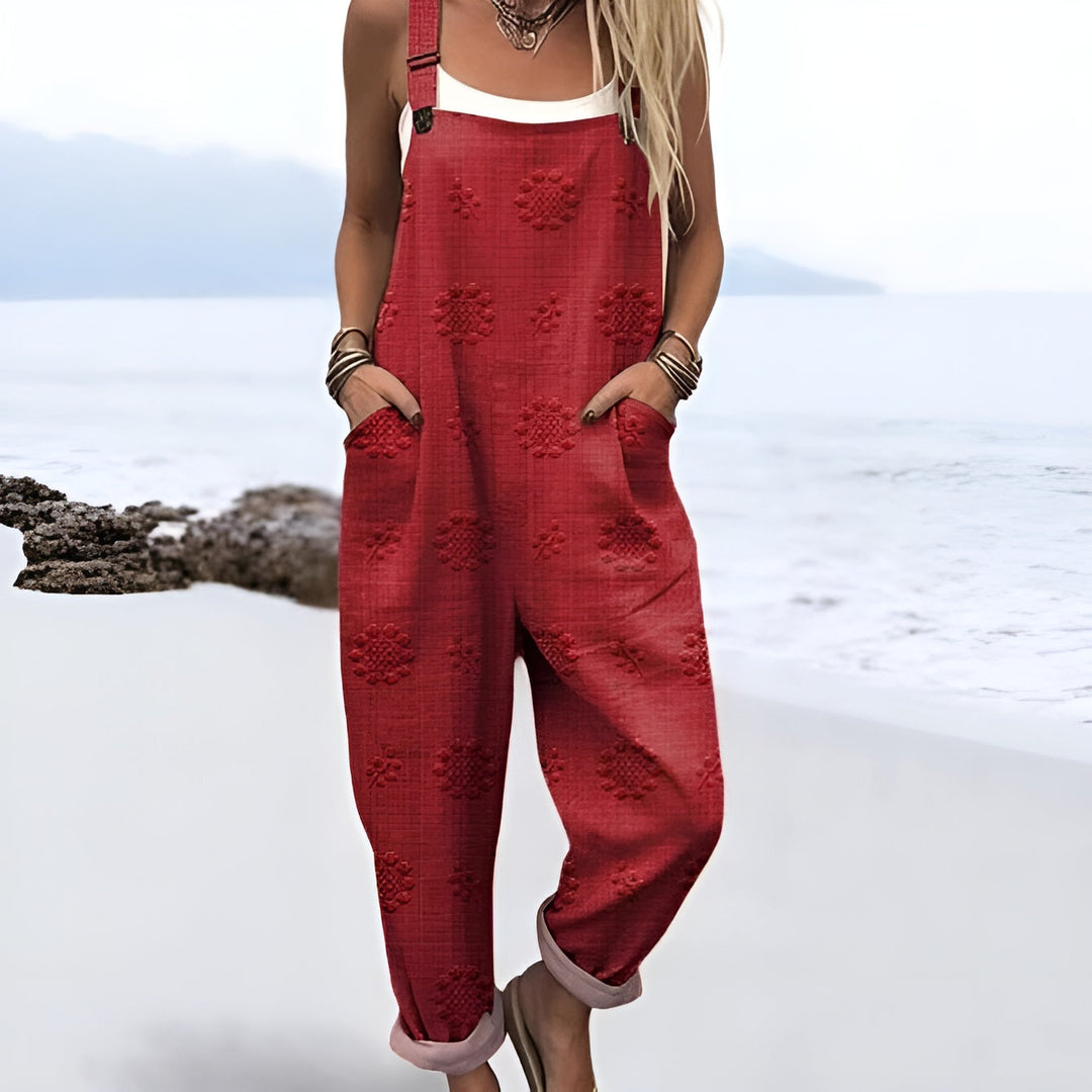 Tuta lunga floreale donna vintage rossa con bretelle e gamba larga. Abbigliamento estivo elegante e confortevole, taglie forti.