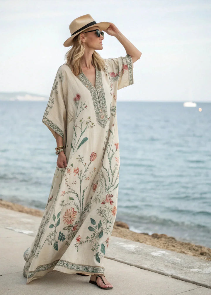 Maxi kaftan donna boho chic, vestito estivo oversize con stampa botanica e scollo a V, ideale per la spiaggia.