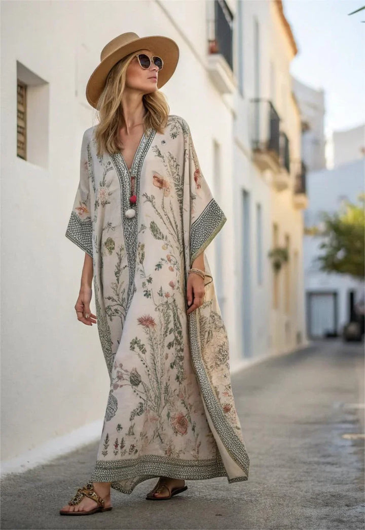 Abito estivo donna kaftan con vivida stampa botanica e dettagli floreali, taglio oversize, scollo a V e nappe.