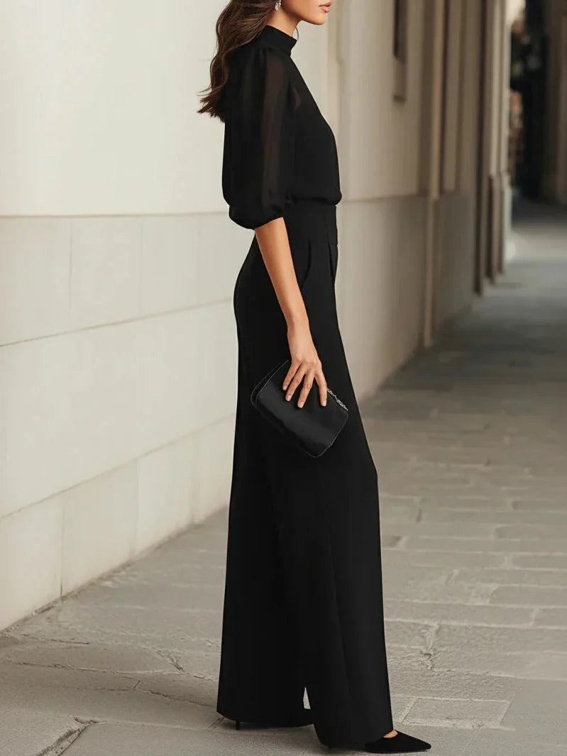 Completo cerimonia donna 3 pezzi: pantaloni palazzo, top e giacca. Outfit elegante versatile per eventi speciali.