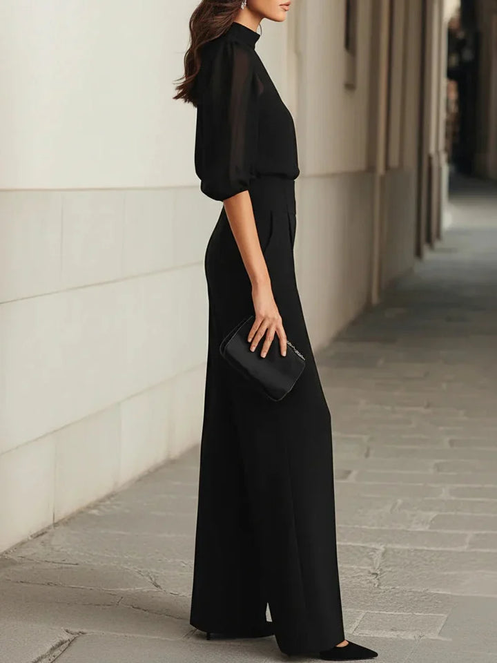 Completo cerimonia donna 3 pezzi: pantaloni palazzo, top e giacca. Outfit elegante versatile per eventi speciali.