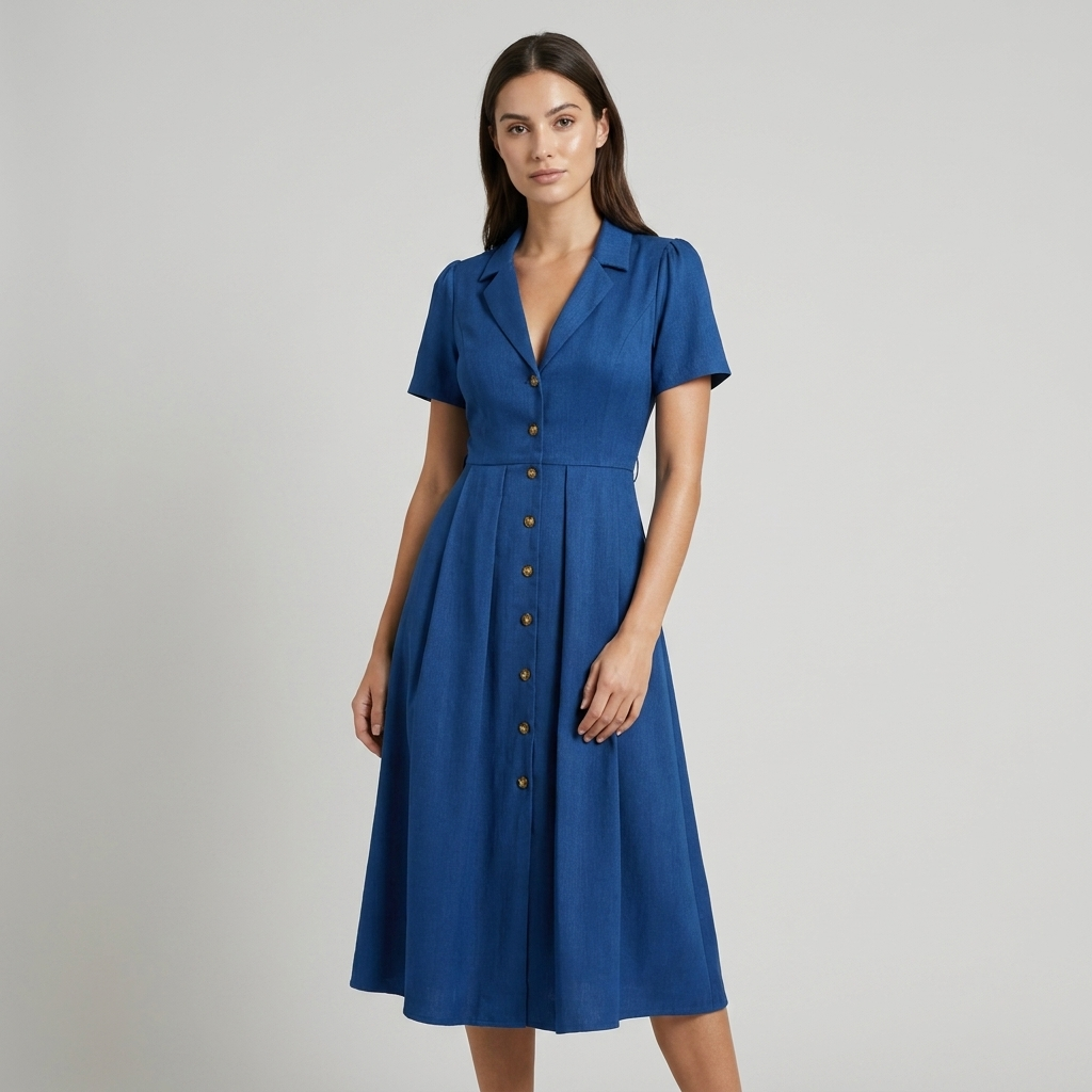 Vestito midi plissettato blu per donna, perfetto per l'ufficio e occasioni di giorno, con scollo a V.