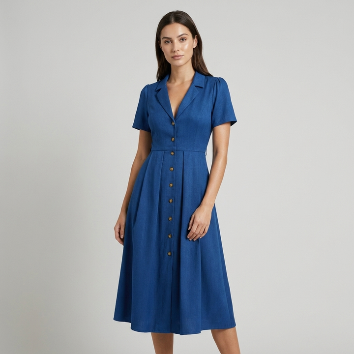Vestito midi plissettato blu per donna, perfetto per l'ufficio e occasioni di giorno, con scollo a V.